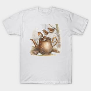 4 wrens sitting and a  tea pot T-Shirt